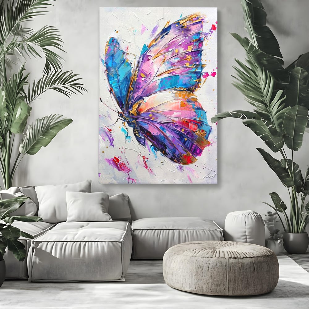 Tablou canvas cu tablou canvas cu fluture pictat in nuante de violet, fara rama, pe sasiu de lemn, pe perete intr-un living